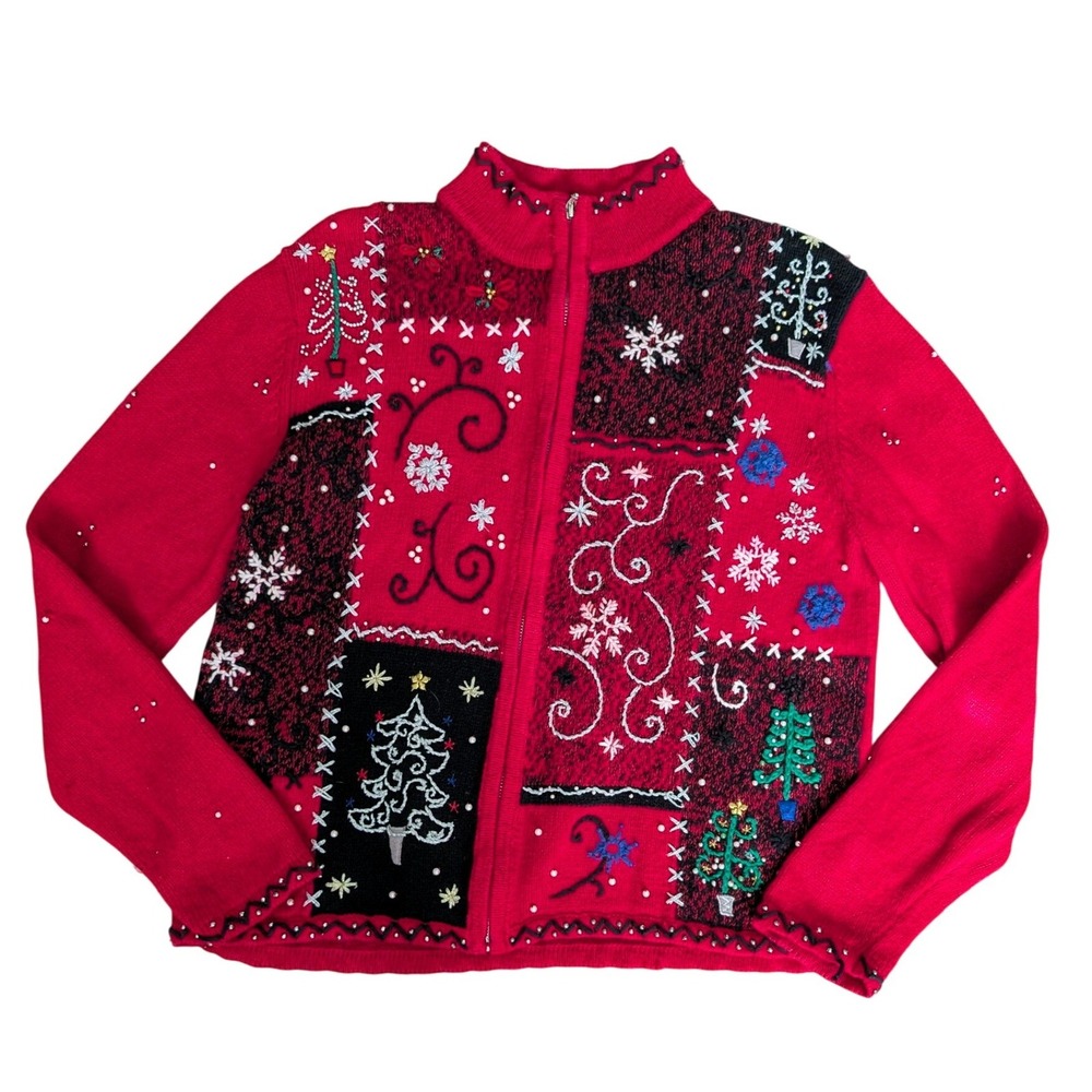 Vintage Ugly Christmas Sweater Cardigan Women Medium Bead Sequin Holiday Festive